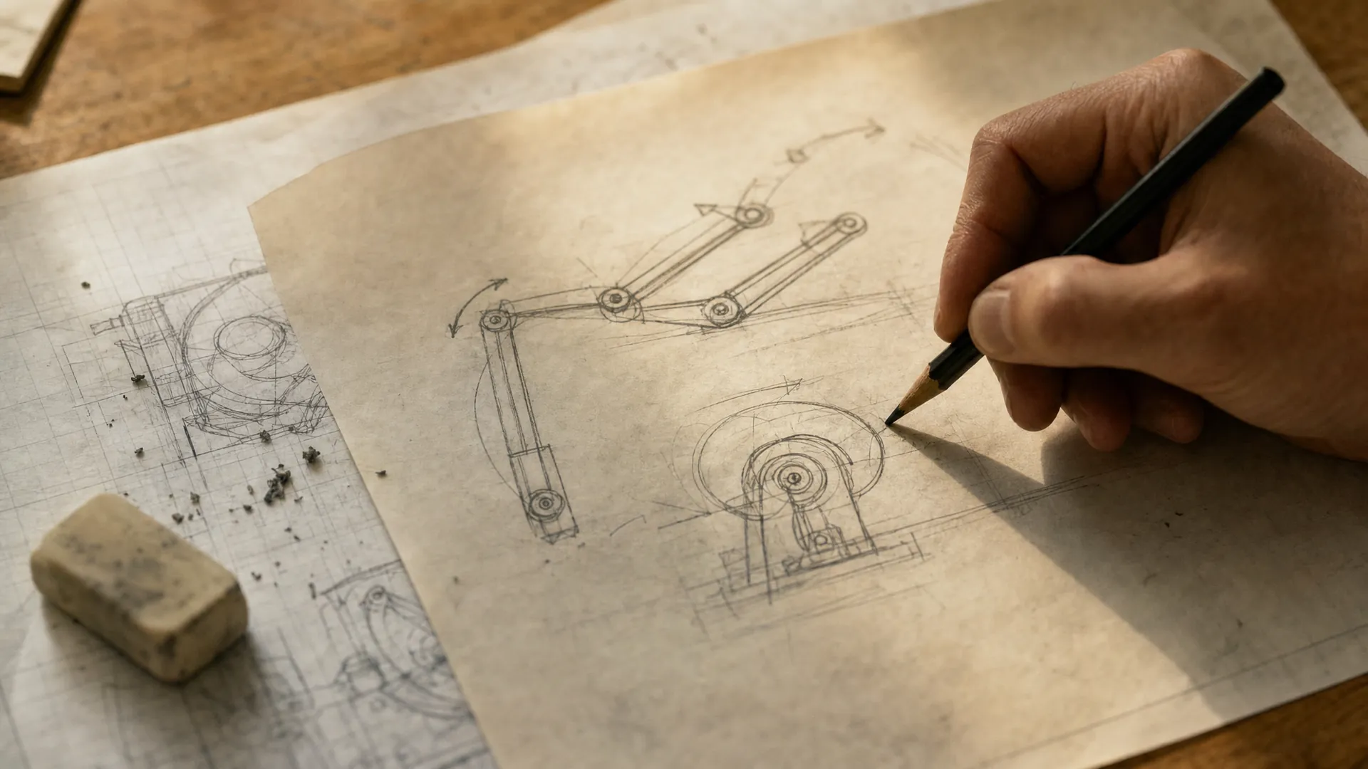 Engineer's pencil sketch of a mechanism concept on tracing paper.