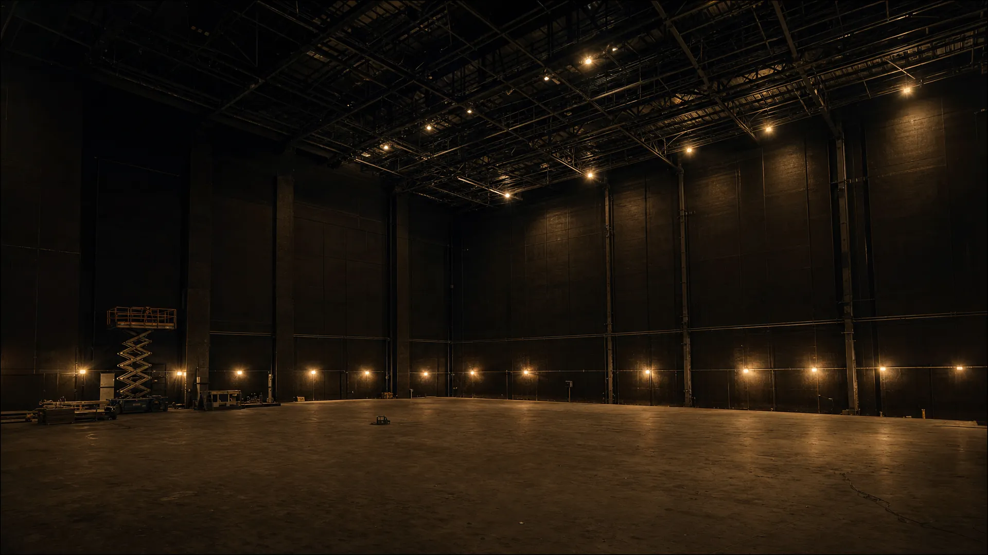 Empty show building under construction, with work lights and overhead rigging.